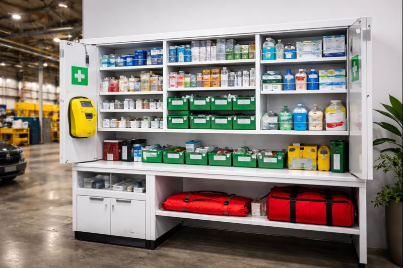 Examples of workplace medical stations—placement, structure, equipment